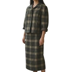 Vintage Green Tartan Blazer Skirt Set Womens Sz 12 Wool Blend Classic Academia